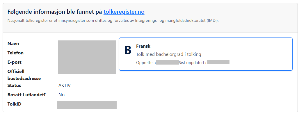 Skjermbilde av tolkesertifiseringsoppslag