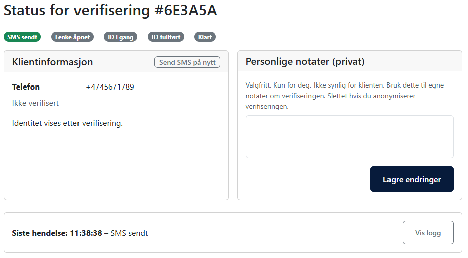 Skjermbilde av verifiseringsstatussiden
